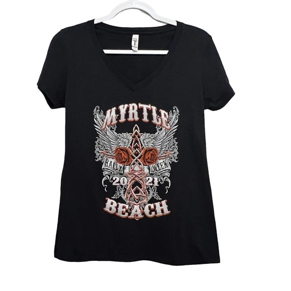 Myrtle‎ Beach 2021 Rally Week Ladies Black V-Neck Fitted Tee Shirt LG - Picture 1 of 5
